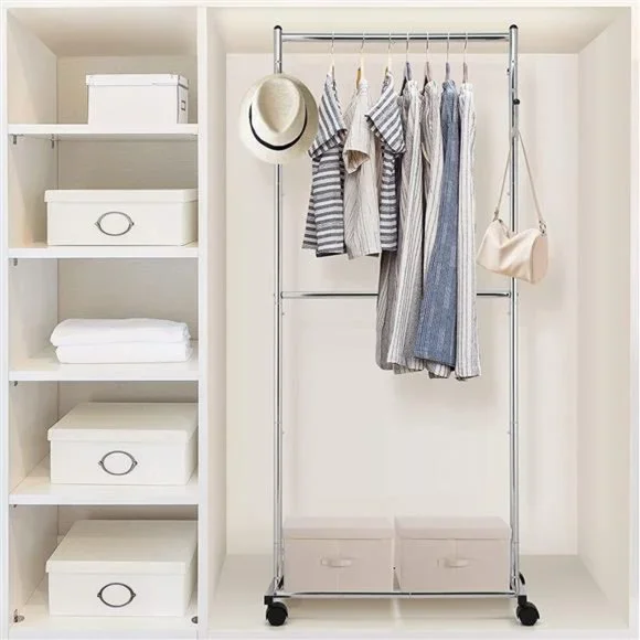 Simple Trending Double Rod Clothes Garment Rack, 4 Hooks